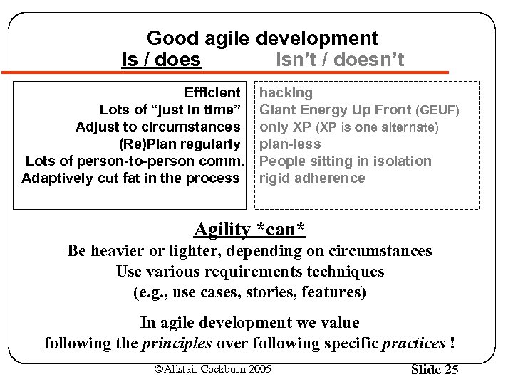 Good agile development is / does isn’t / doesn’t Efficient Lots of “just in