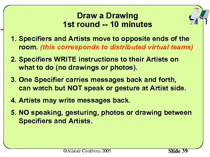 Draw a Drawing 1 st round -- 10 minutes 1. Specifiers and Artists move