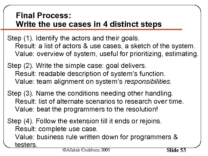 Final Process: Write the use cases in 4 distinct steps Step (1). Identify the