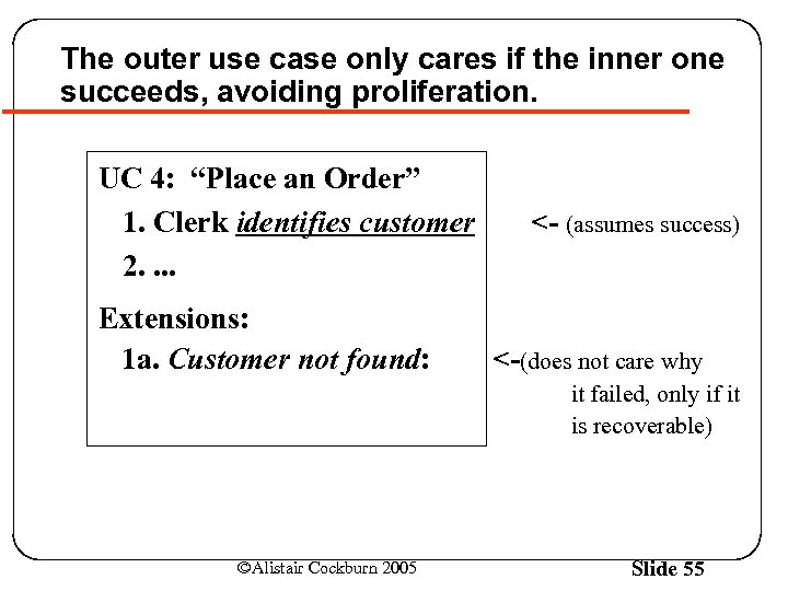 The outer use case only cares if the inner one succeeds, avoiding proliferation. UC