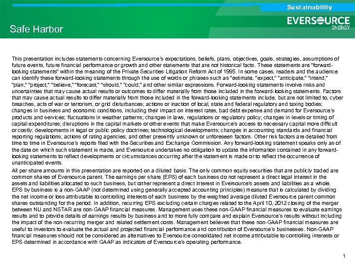 Analyst Call Sustainability Investor Call Safe Harbor This presentation includes statements concerning Eversource’s expectations,