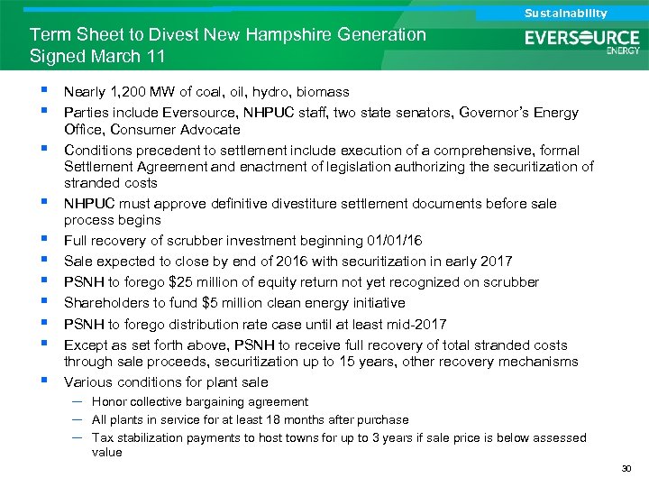 Analyst Call Sustainability Investor Call Term Sheet to Divest New Hampshire Generation Signed March