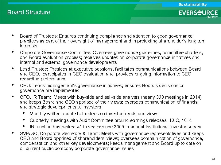 Analyst Call Sustainability Investor Call Board Structure • • • Board of Trustees: Ensures