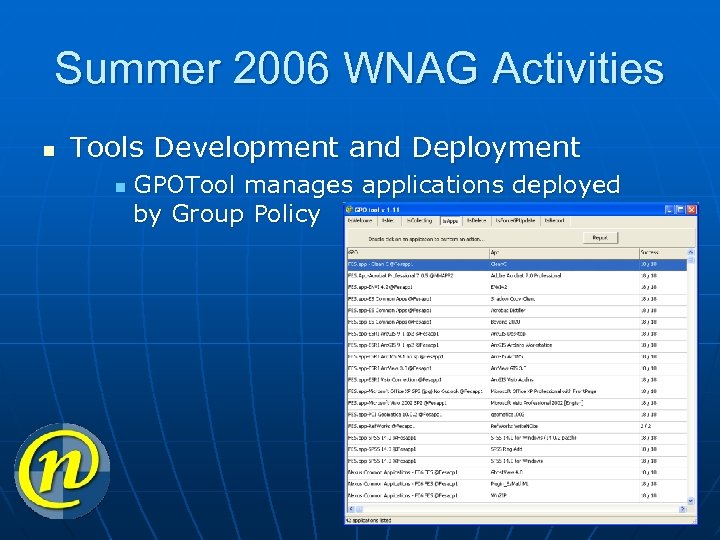 Summer 2006 WNAG Activities n Tools Development and Deployment n GPOTool manages applications deployed