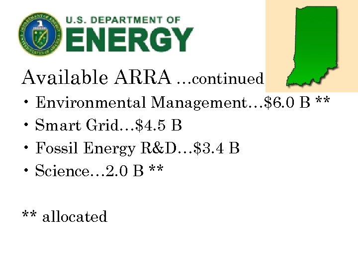 Available ARRA …continued • Environmental Management…$6. 0 B ** • Smart Grid…$4. 5 B