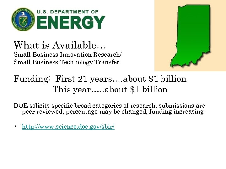 What is Available… Small Business Innovation Research/ Small Business Technology Transfer Funding: First 21