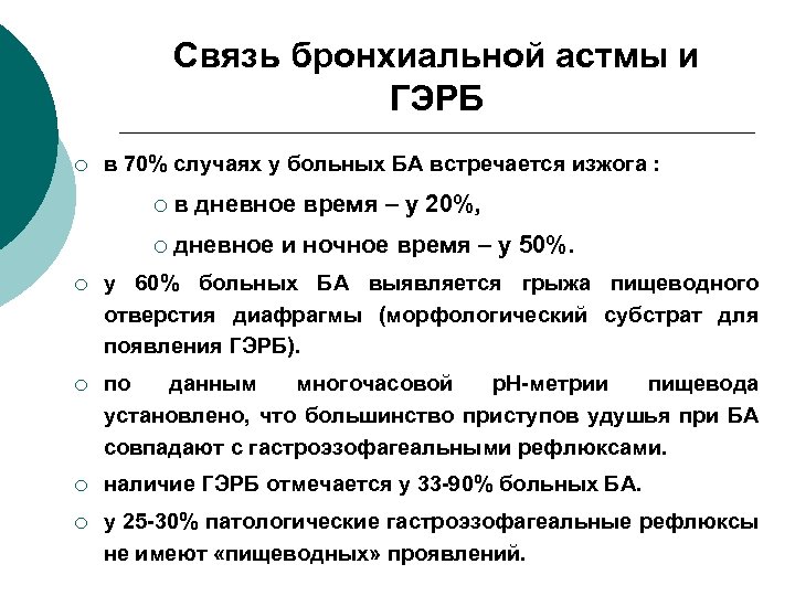 Связь бронхиальной астмы и ГЭРБ ¡ в 70% случаях у больных БА встречается изжога