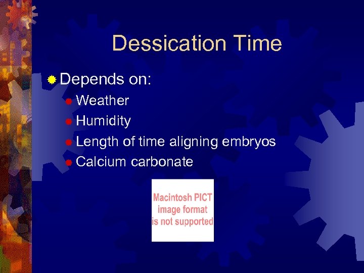 Dessication Time ® Depends on: ® Weather ® Humidity ® Length of time aligning