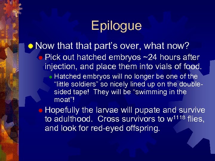 Epilogue ® Now that part’s over, what now? ® Pick out hatched embryos ~24