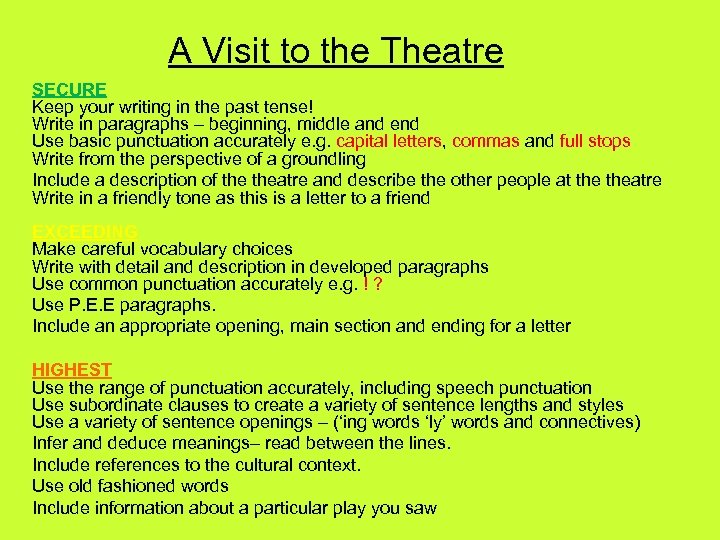 A Visit to the Theatre SECURE Keep your writing in the past tense! Write