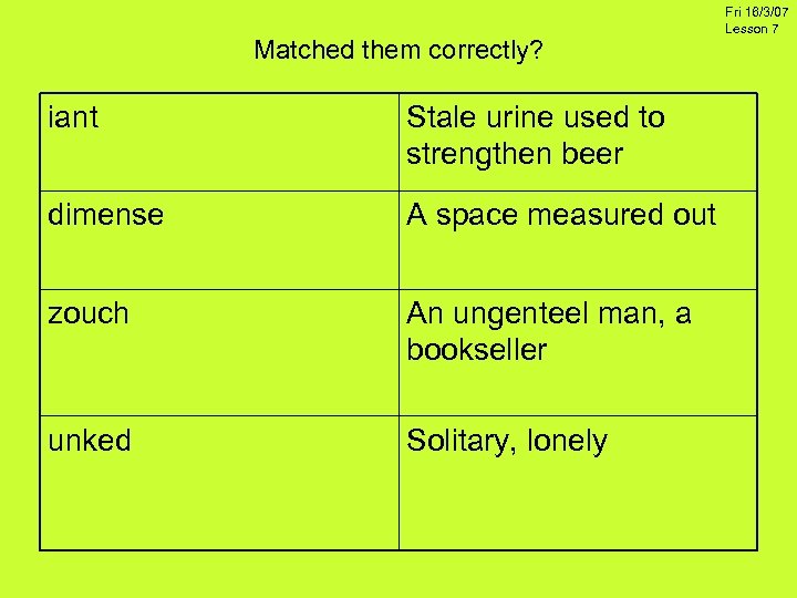 Matched them correctly? iant Stale urine used to strengthen beer dimense A space measured
