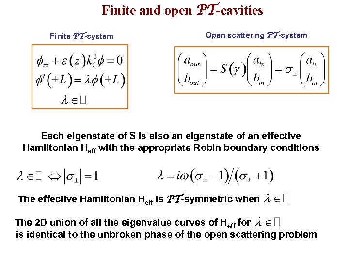 Finite and open PT-cavities Finite PT-system Open scattering PT-system Each eigenstate of S is