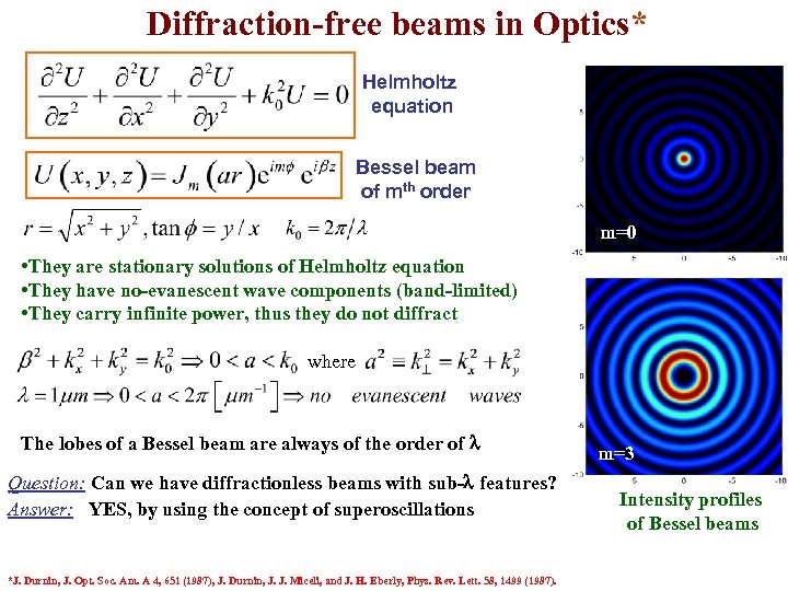 Diffraction-free beams in Optics* Helmholtz equation Bessel beam of mth order m=0 • They