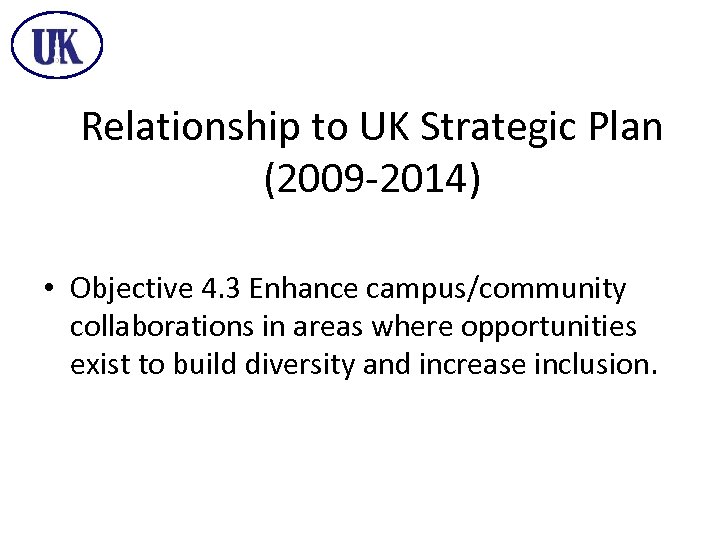 Relationship to UK Strategic Plan (2009 -2014) • Objective 4. 3 Enhance campus/community collaborations