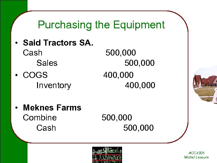 Purchasing the Equipment • Said Tractors SA. Cash Sales • COGS Inventory 500, 000