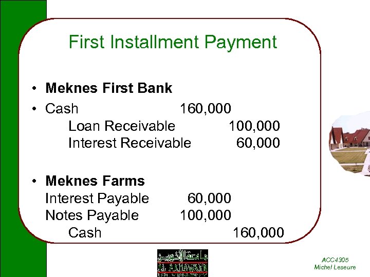 First Installment Payment • Meknes First Bank • Cash 160, 000 Loan Receivable 100,