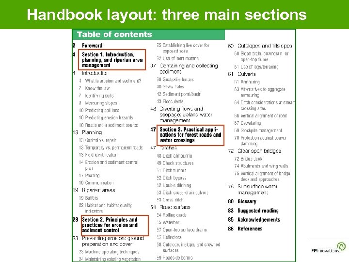 Handbook layout: three main sections 