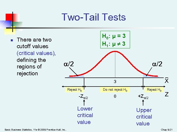 Two-Tail Tests n There are two cutoff values (critical values), defining the regions of