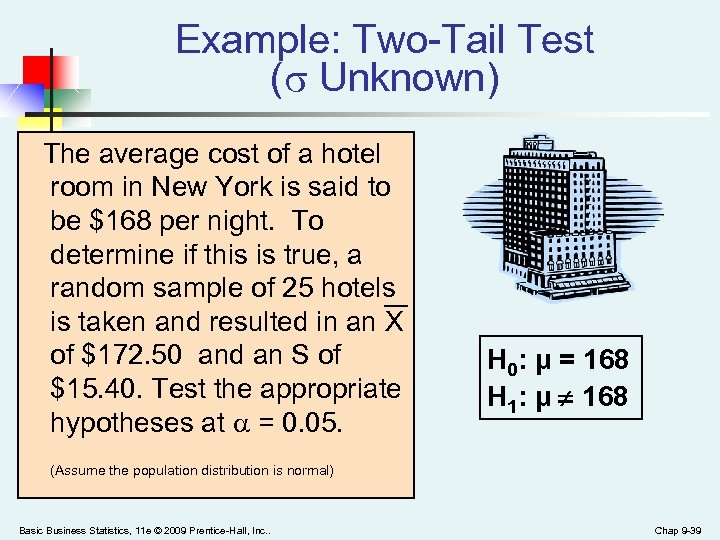 Example: Two-Tail Test ( Unknown) The average cost of a hotel room in New