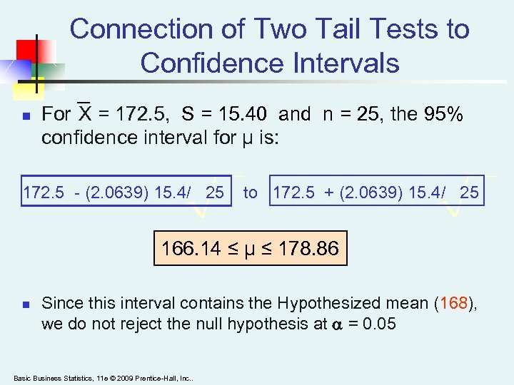 Connection of Two Tail Tests to Confidence Intervals n For X = 172. 5,