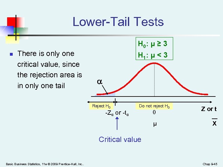 Lower-Tail Tests H 0: μ ≥ 3 n There is only one critical value,