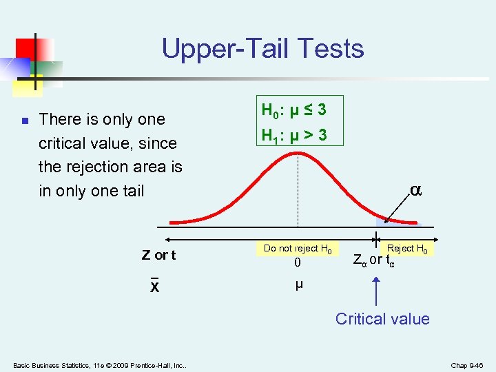 Upper-Tail Tests n There is only one critical value, since the rejection area is