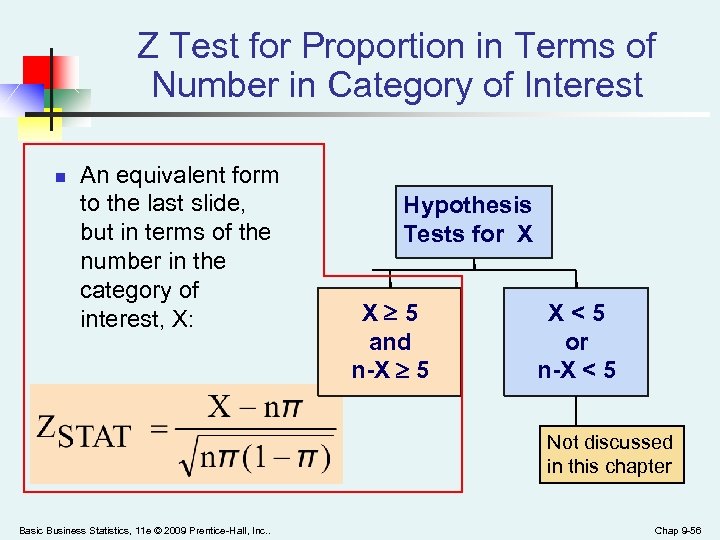 Z Test for Proportion in Terms of Number in Category of Interest n An