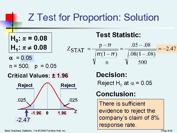 Z Test for Proportion: Solution Test Statistic: H 0: π = 0. 08 H