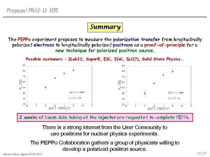 Proposal PR 12 -11 -105 Summary The PEPPo experiment proposes to measure the polarization