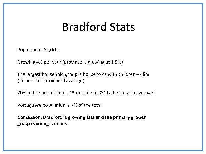 Bradford Stats Population +30, 000 Growing 4% per year (province is growing at 1.