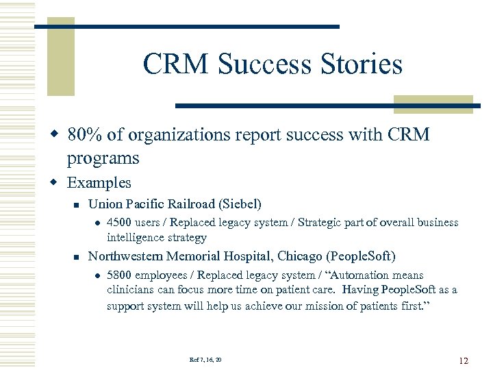 CRM Success Stories w 80% of organizations report success with CRM programs w Examples