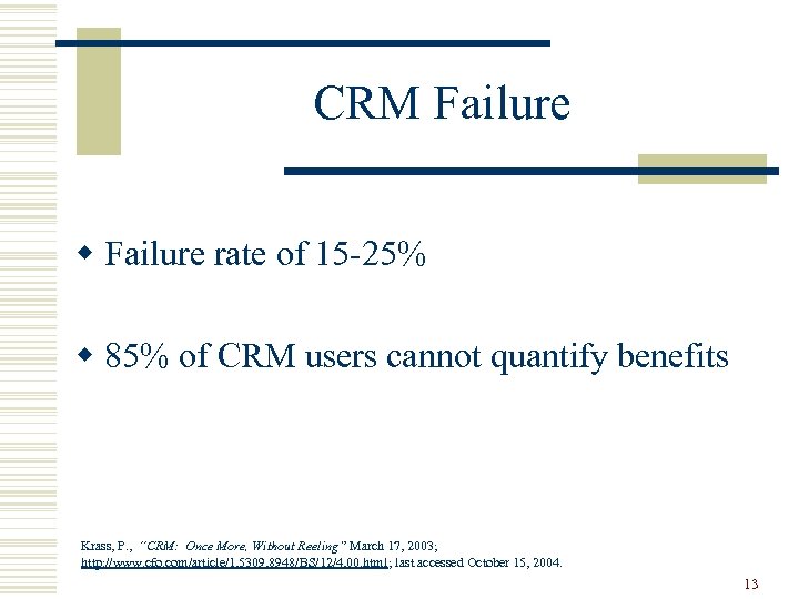 CRM Failure w Failure rate of 15 -25% w 85% of CRM users cannot