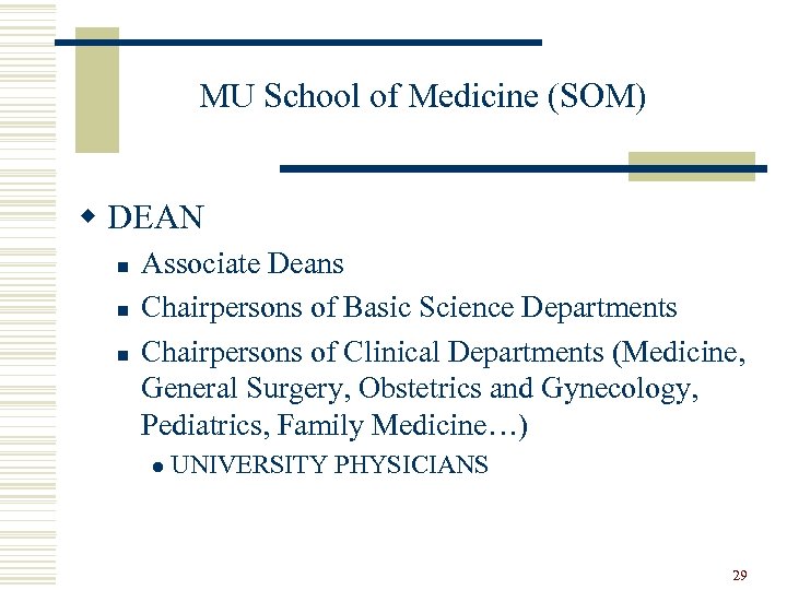 MU School of Medicine (SOM) w DEAN n n n Associate Deans Chairpersons of