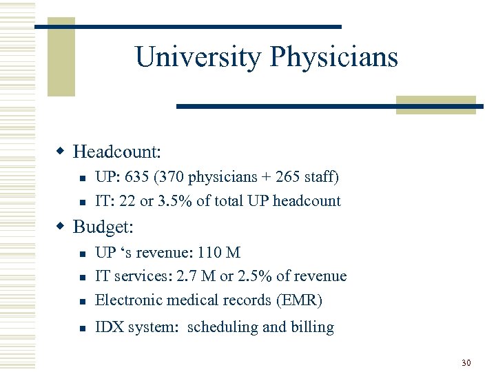 University Physicians w Headcount: n n UP: 635 (370 physicians + 265 staff) IT:
