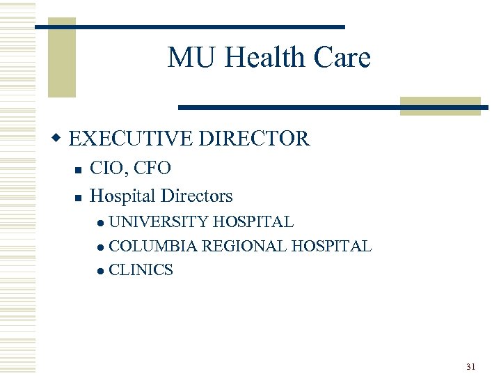 MU Health Care w EXECUTIVE DIRECTOR n n CIO, CFO Hospital Directors UNIVERSITY HOSPITAL