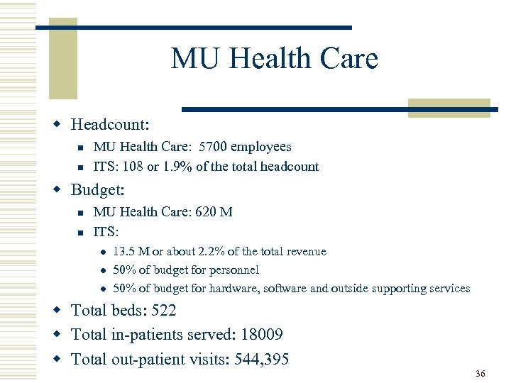 MU Health Care w Headcount: n n MU Health Care: 5700 employees ITS: 108