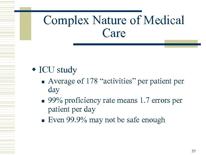 Complex Nature of Medical Care w ICU study n n n Average of 178