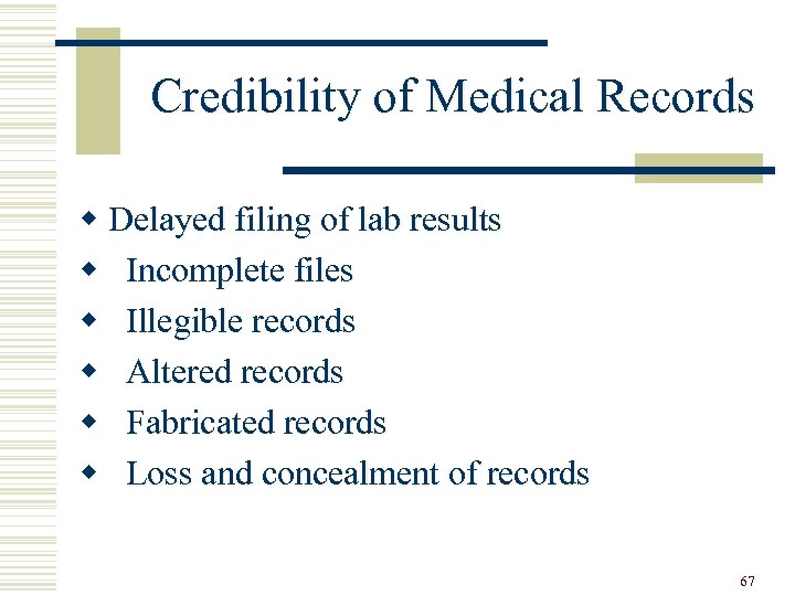Credibility of Medical Records w Delayed filing of lab results w Incomplete files w