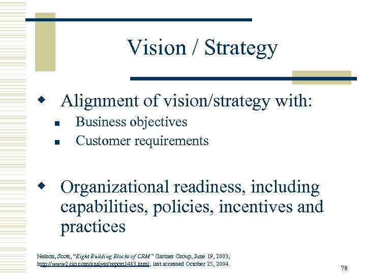 Vision / Strategy w Alignment of vision/strategy with: n n Business objectives Customer requirements