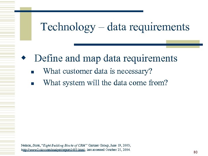 Technology – data requirements w Define and map data requirements n n What customer