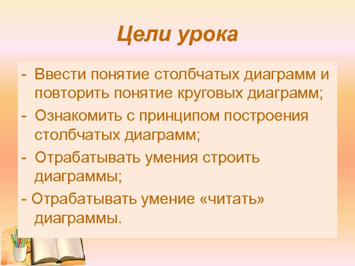 Цели урока - Ввести понятие столбчатых диаграмм и повторить понятие круговых диаграмм; - Ознакомить