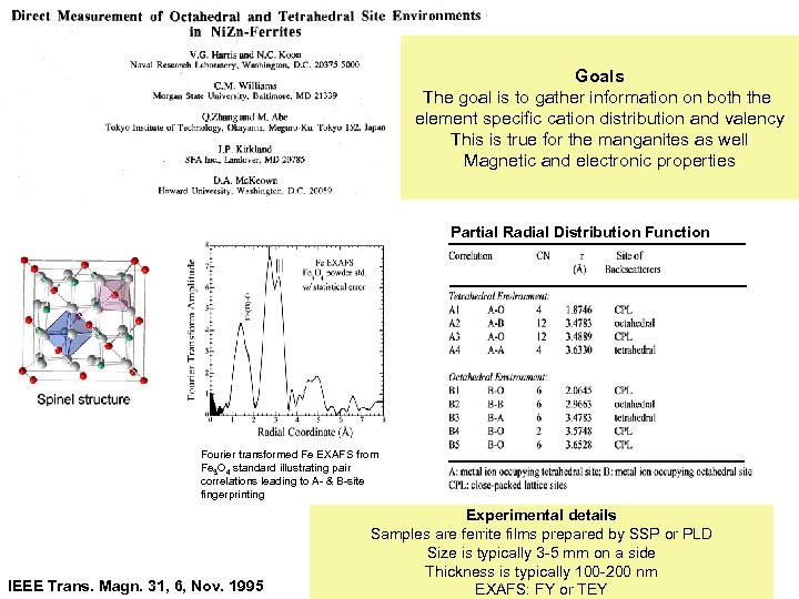 Goals The goal is to gather information on both the element specific cation distribution