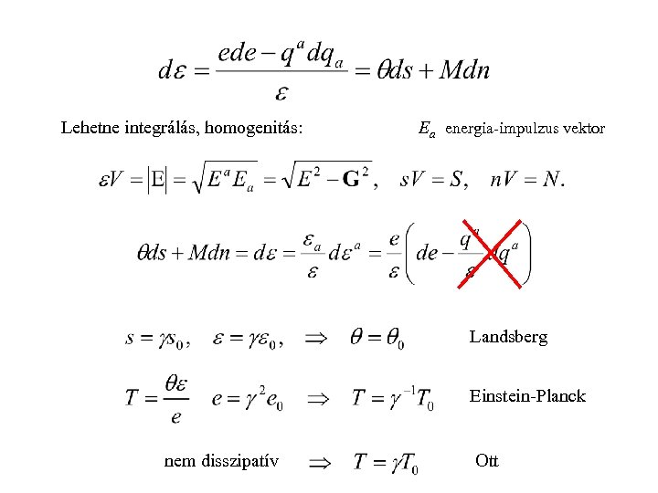 Lehetne integrálás, homogenitás: Ea energia-impulzus vektor Landsberg Einstein-Planck nem disszipatív Ott 