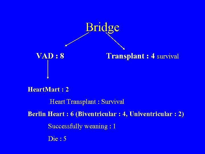 Bridge VAD : 8 Transplant : 4 survival Heart. Mart : 2 Heart Transplant