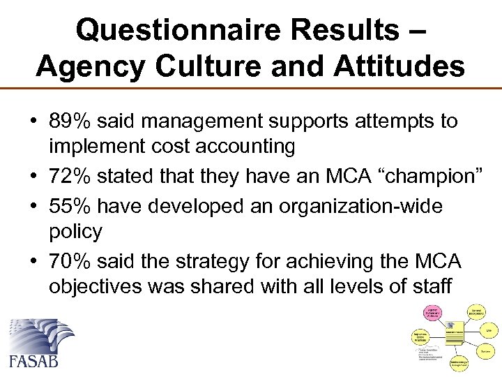 Questionnaire Results – Agency Culture and Attitudes • 89% said management supports attempts to