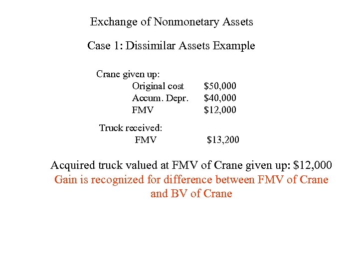 Exchange of Nonmonetary Assets Case 1: Dissimilar Assets Example Crane given up: Original cost