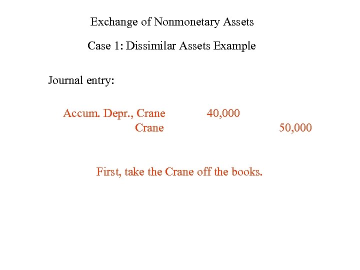 Exchange of Nonmonetary Assets Case 1: Dissimilar Assets Example Journal entry: Accum. Depr. ,