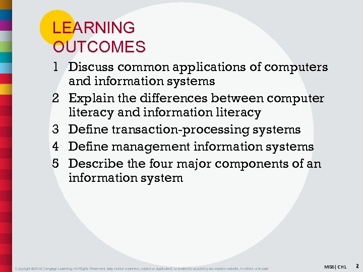 LEARNING OUTCOMES 1 Discuss common applications of computers and information systems 2 Explain the