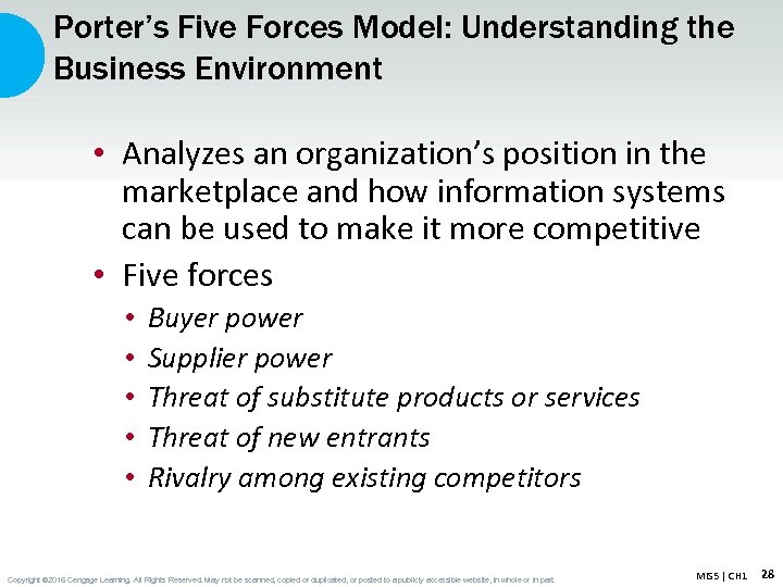 Porter’s Five Forces Model: Understanding the Business Environment • Analyzes an organization’s position in