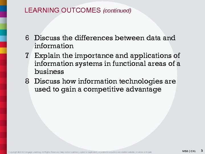 LEARNING OUTCOMES (continued) 6 Discuss the differences between data and information 7 Explain the